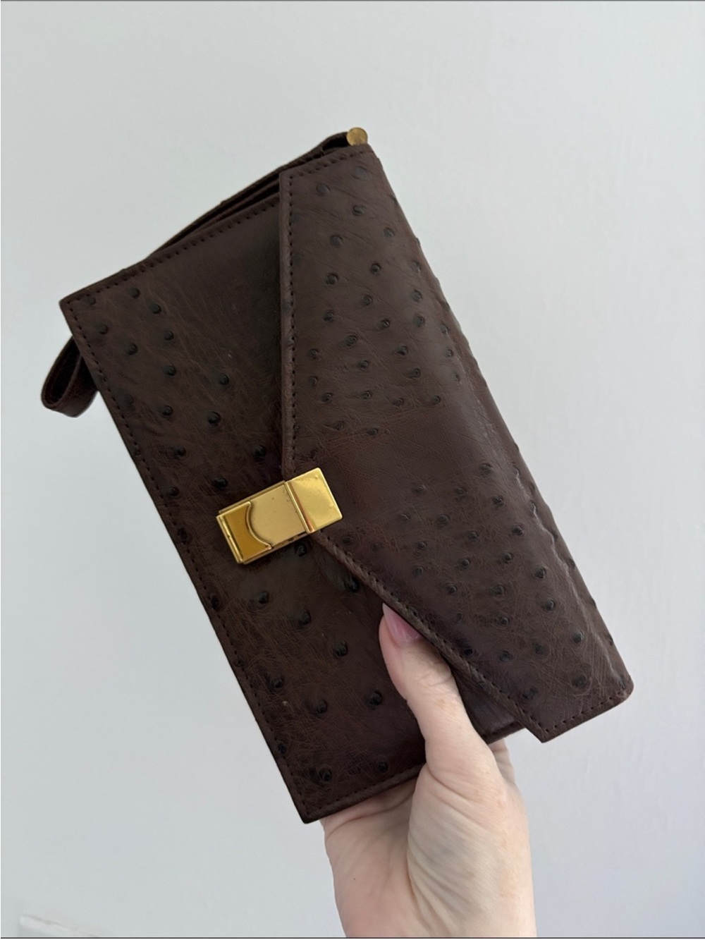 Vintage authentic Brown Ostrich- Leather Clutch with Gold Hardware Corbeau Curio